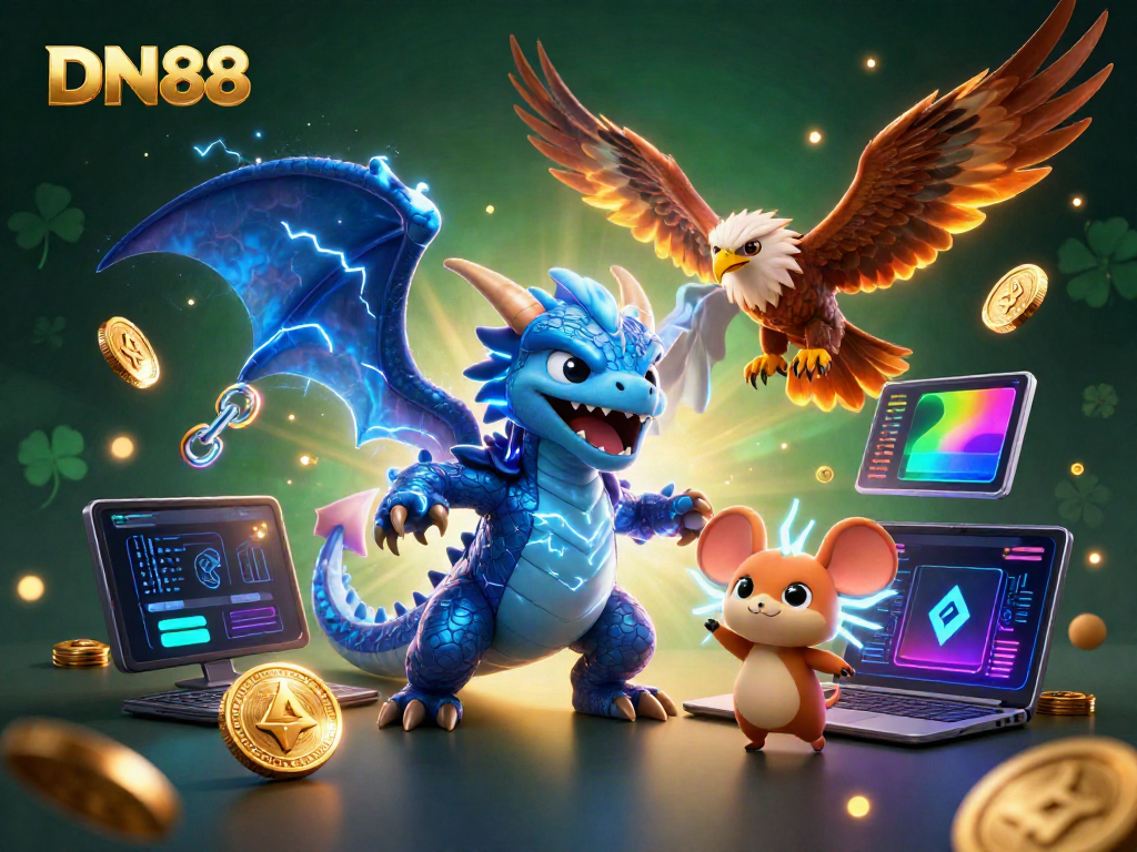 Engage with thrilling DN88 gaming scenes featuring lightning dragon, wind hawk, and crypto elements.