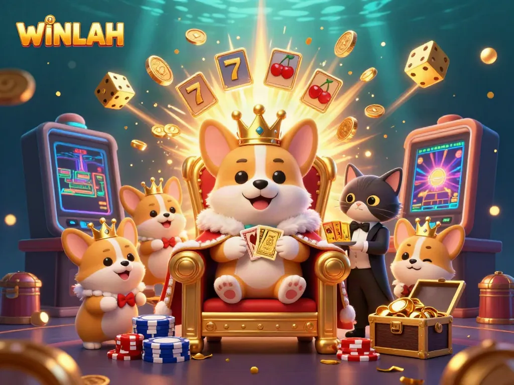 Experience the excitement of WINLAH with a royal corgi throne amid a vibrant casino scene.