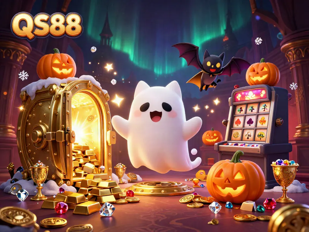 Experience the enchanting world of QS88 with a friendly ghost cat and bat in a haunted casino scene.