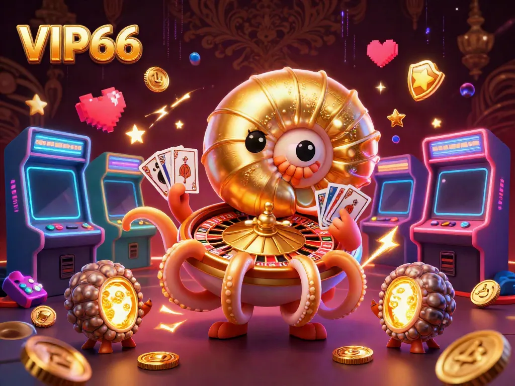 Engage in thrilling games at VIP66 with a dynamic 3D casino illustration featuring unique characters and vibrant gameplay elements.