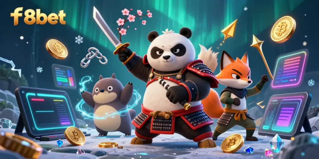 Experience the thrill of f8bet with a dynamic scene of characters and crypto elements in action.