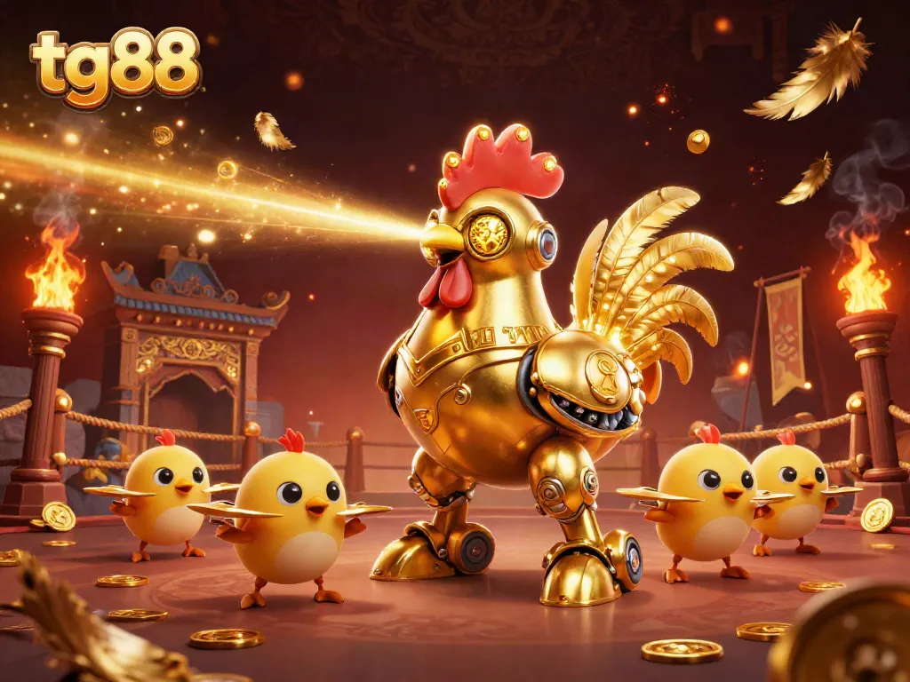 Experience the thrill of tg88's dynamic gambling scene featuring a golden rooster robot and baby chick drones amidst swirling gold coins.