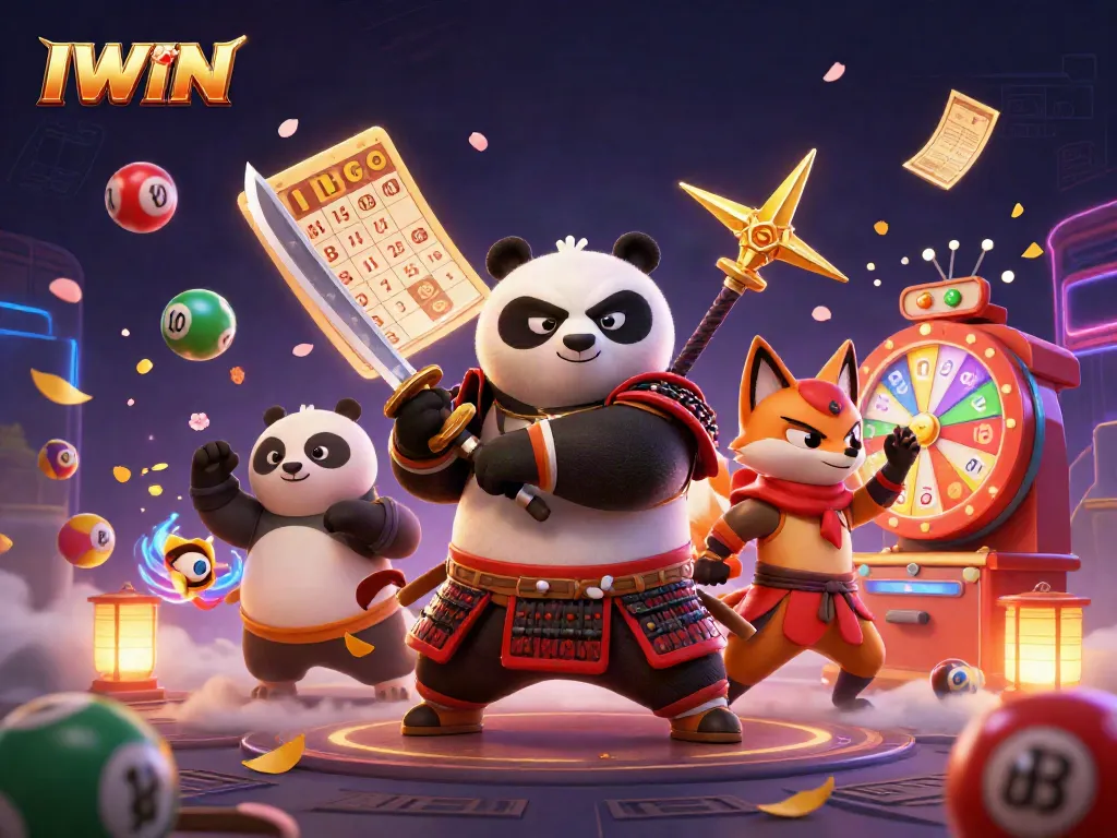IWIN offers an engaging scene with a fierce panda samurai and ninja fox amidst dynamic casino elements.