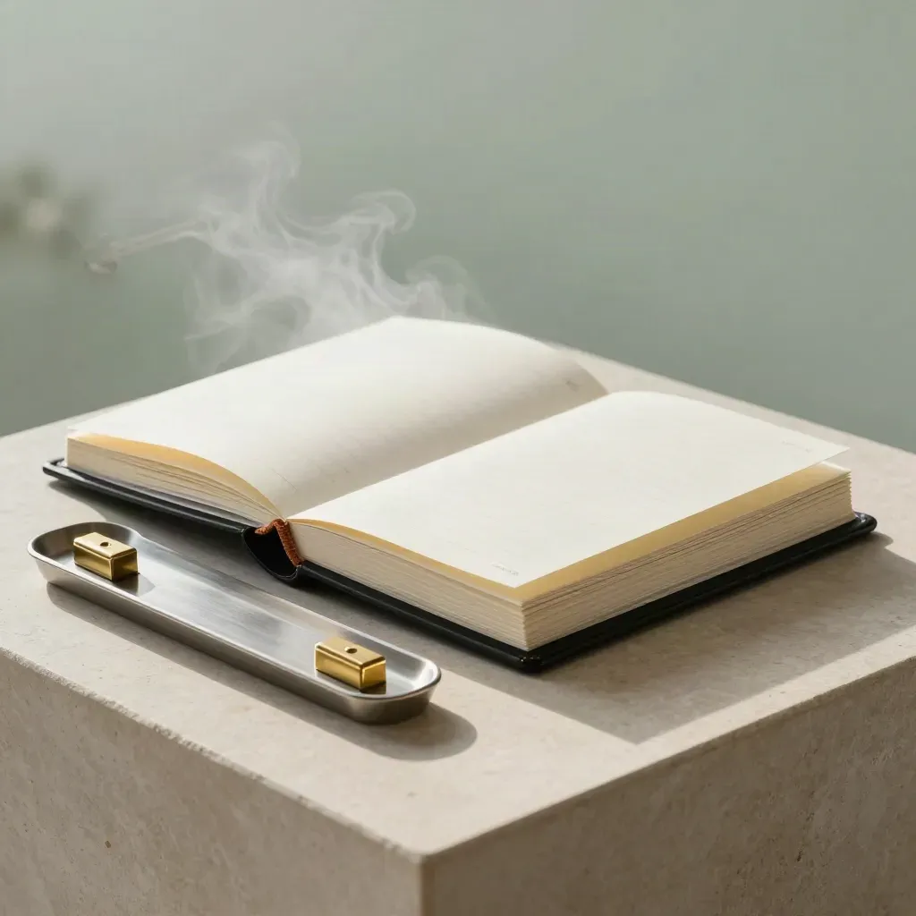 Matte-black project binder, brass weights, and task tray on a pale stone plinth in misty studio light.