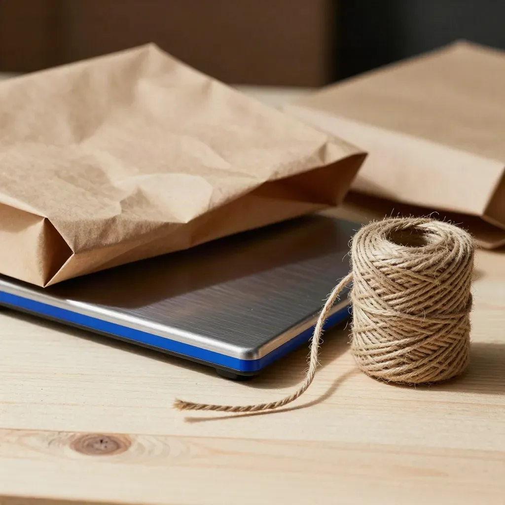 Close-up of a parcel scale, kraft tissue, and twine on pale wood with a blue accent.