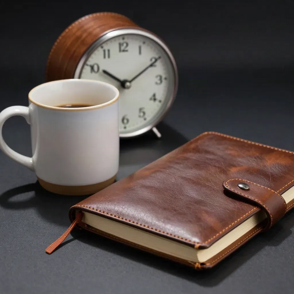 Ceramic mug, walnut clock, and leather notebook on a dark studio surface with dramatic light