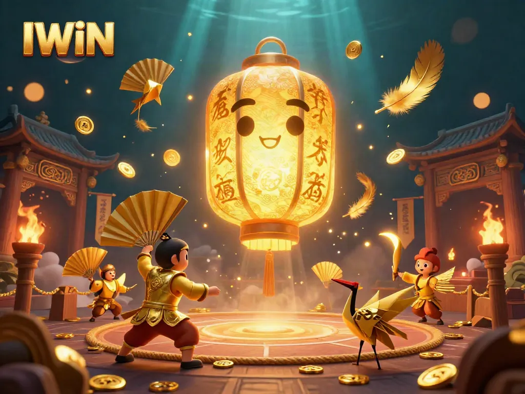 Engage in thrilling casino gameplay at IWIN with a dynamic scene featuring golden lantern spirits and lucky symbols.