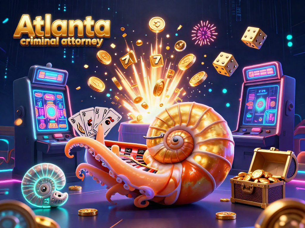 Experience the thrill of winning with an Atlanta criminal attorney in a dynamic casino scene showcasing a nautilus, cards, and jackpot elements.