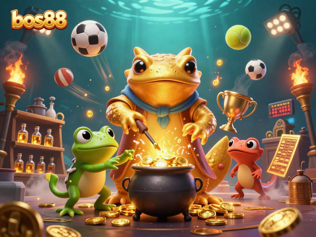 Experience the magic of bos88 as the golden salamander alchemist transforms metals into gold coins in a vibrant casino world filled with sports elements.