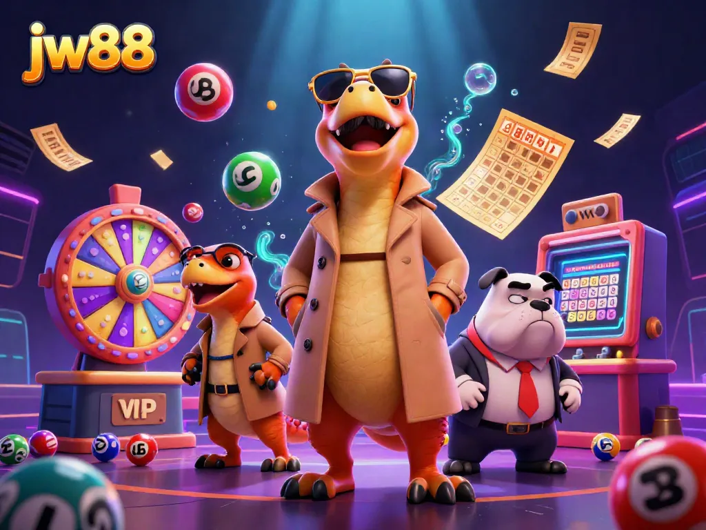 Experience a lively VIP casino lounge scene with jw88 featuring raptors in a trench coat and a bulldog bouncer.