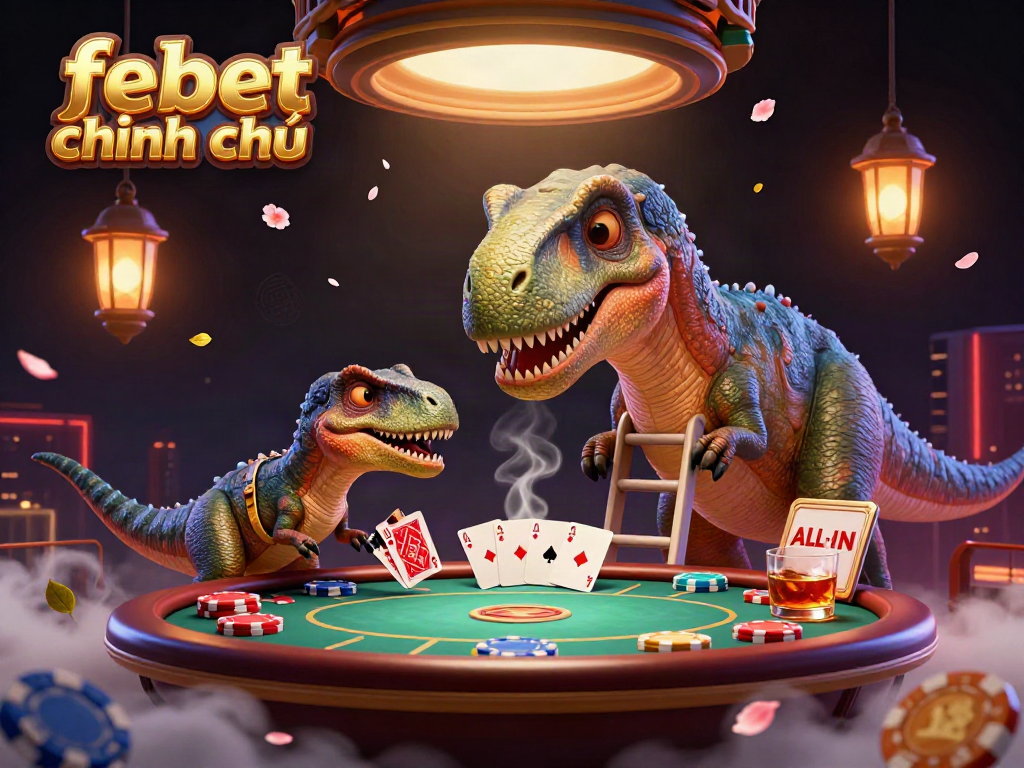 Experience the excitement of febet chính chủ featuring a playful brontosaurus towering over a poker table in a vibrant casino.