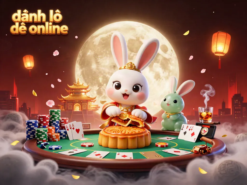 Experience the thrill of đánh lô đề online with our vibrant digital illustration, showcasing a moon rabbit and poker elements.