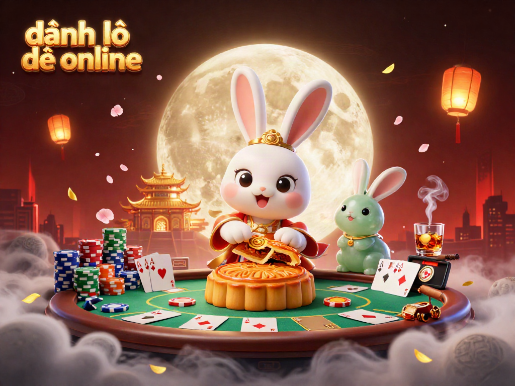Experience the thrill of đánh lô đề online with our vibrant digital illustration, showcasing a moon rabbit and poker elements.