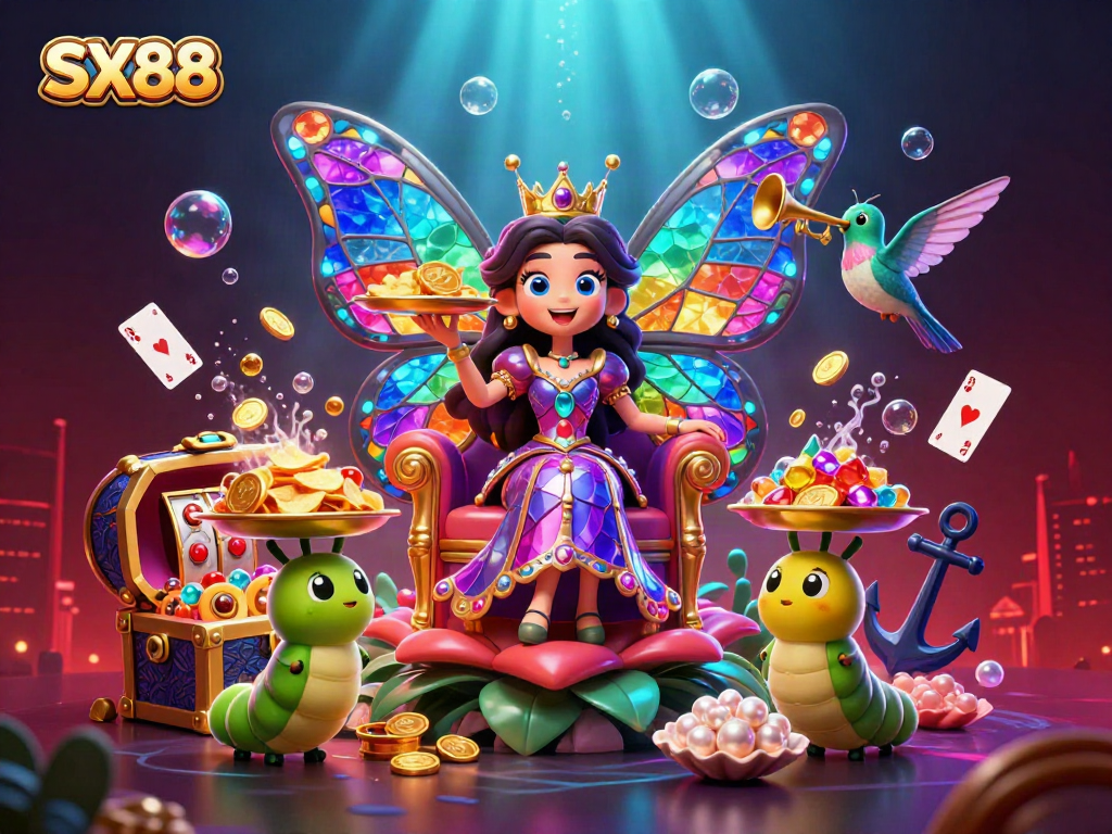 SX88 features a vibrant 3D illustration showcasing a butterfly queen in a casino scene with slots and treasure.