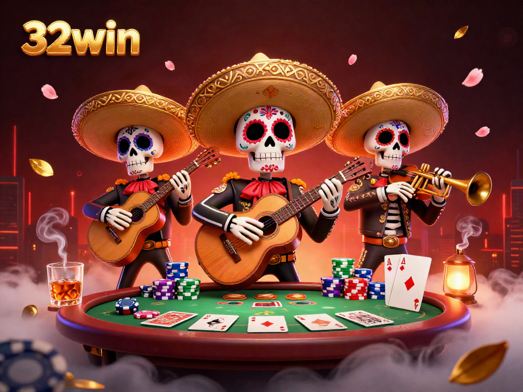 Experience thrilling gameplay with 32win's vibrant casino scene featuring mariachis, poker elements, and excitement.