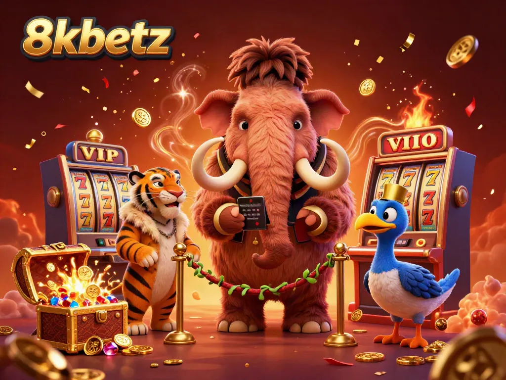 Engage with 8xbetz at the casino door featuring a woolly mammoth bouncer and shimmering slot machine elements.