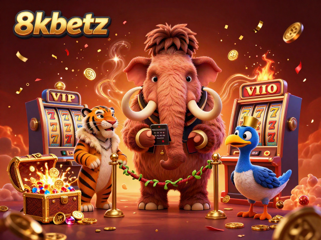 Engage with 8xbetz at the casino door featuring a woolly mammoth bouncer and shimmering slot machine elements.