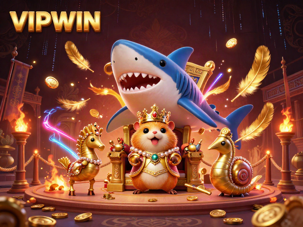Experience thrilling gameplay at VIPWIN with a majestic golden hamster king and dynamic casino elements.