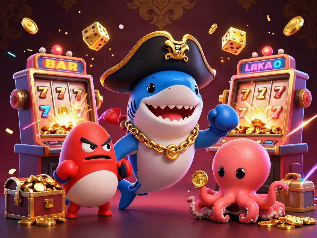 Spin the reels at pg66 with a pirate shark, pufferfish, and octopus in a vibrant casino scene.