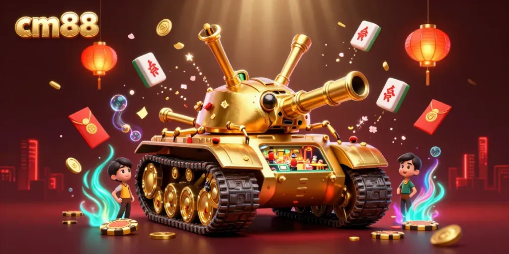 Engage with cm88's vibrant casino experience featuring a golden beetle tank, games, and festive decorations.