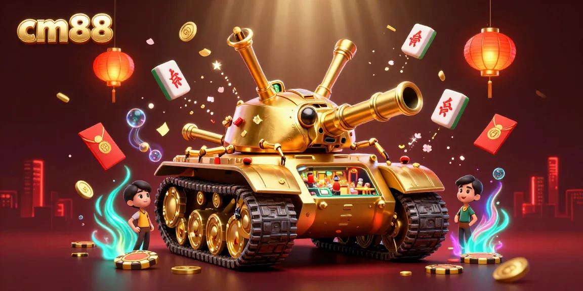 Engage with cm88's vibrant casino experience featuring a golden beetle tank, games, and festive decorations.