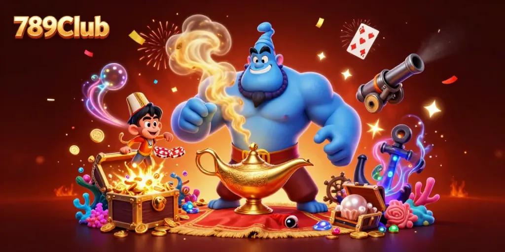 Experience the magic of 789Club with a genie, a monkey, and casino treasures.
