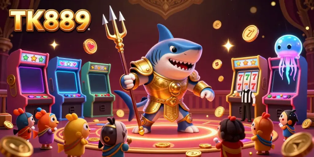 Engage with the thrilling underwater scene of TK889 featuring a tiger shark in gladiator armor surrounded by vibrant arcade elements.