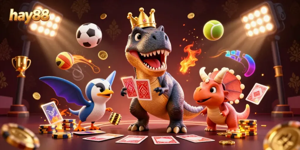 Experience excitement with hay88 as a T-Rex shuffles cards and a Triceratops stacks chips in a vibrant casino scene.