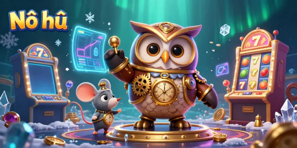 Experience the thrill of Nổ hũ with charming characters at an energetic casino scene.