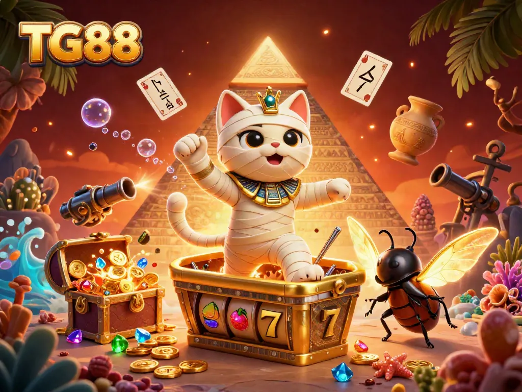 Engage with TG88's thrilling casino experience featuring a mummy cat bursting from a sarcophagus amid vibrant gaming elements.