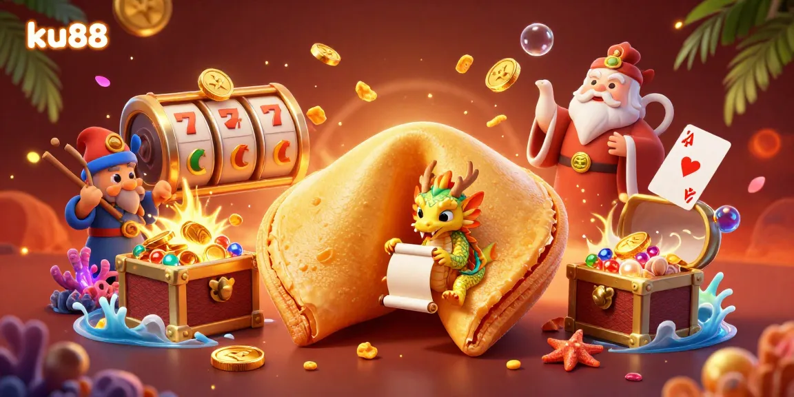 Experience the excitement of ku88 with a vibrant 3D illustration showcasing gambling elements and fantasy characters.
