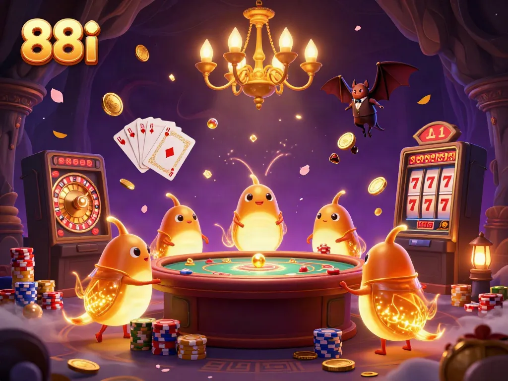 Play a range of games at 88i's illuminated cave casino featuring glowing characters and vibrant action.
