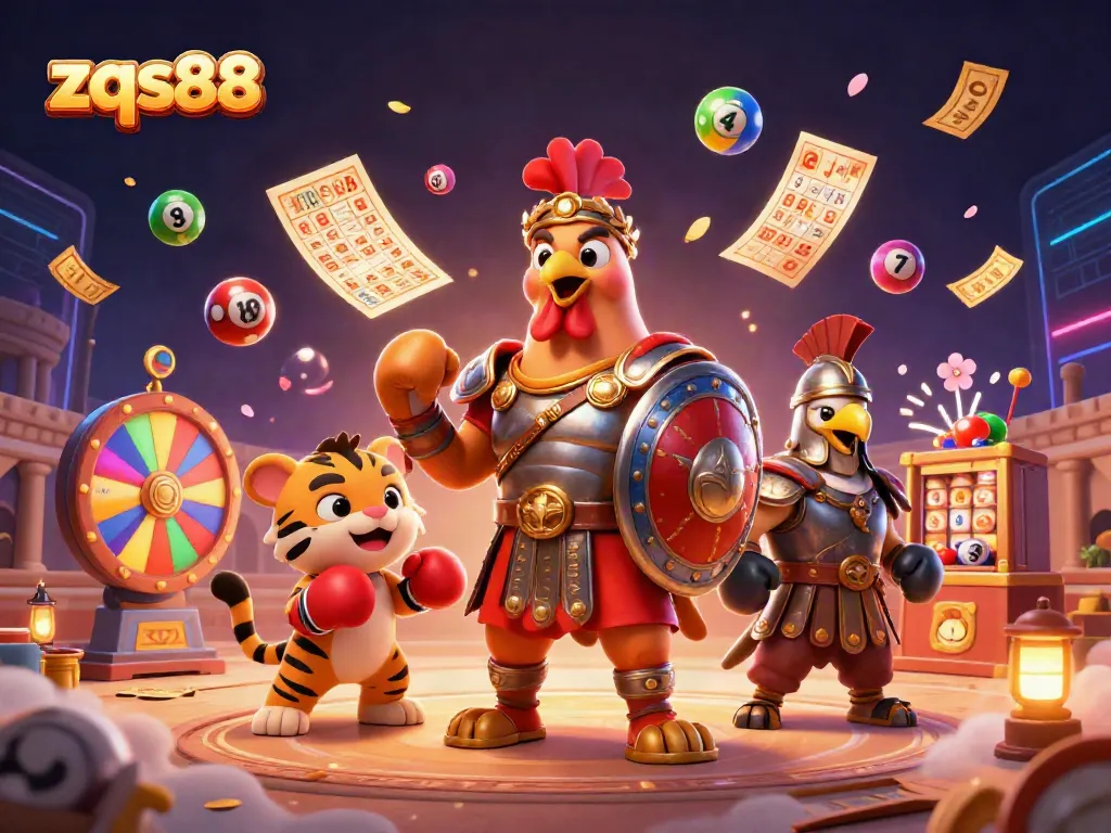 Engage with zqs88's thrilling environment featuring a dynamic gambling scene with colorful lottery elements.