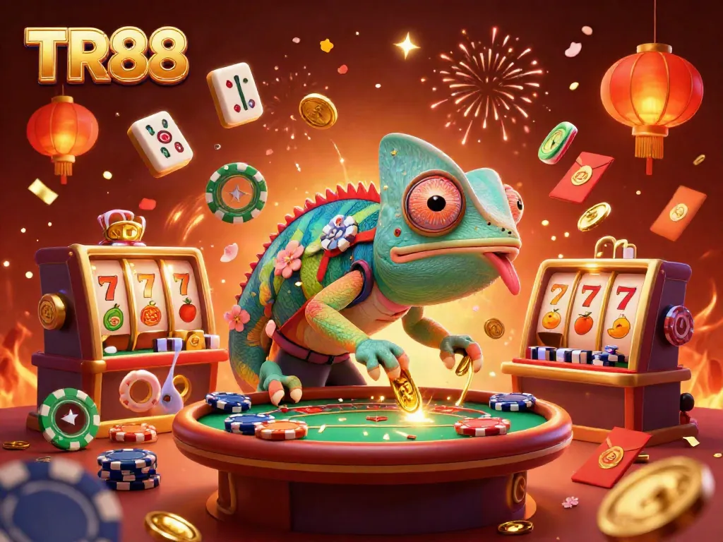 Experience the thrilling excitement of TR88 casino gameplay with animated slot reels, vibrant colors, and festive decorations.