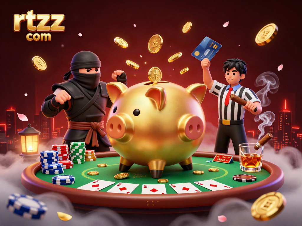 Engage with thrilling action at rtzz com featuring a giant piggy bank sumo wrestler among vivid poker elements.