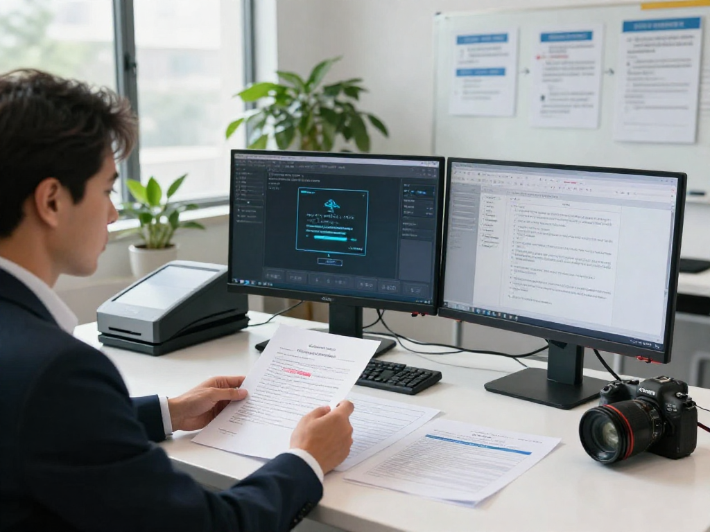 Investigator analyzing documents in an office for document fraud detection.