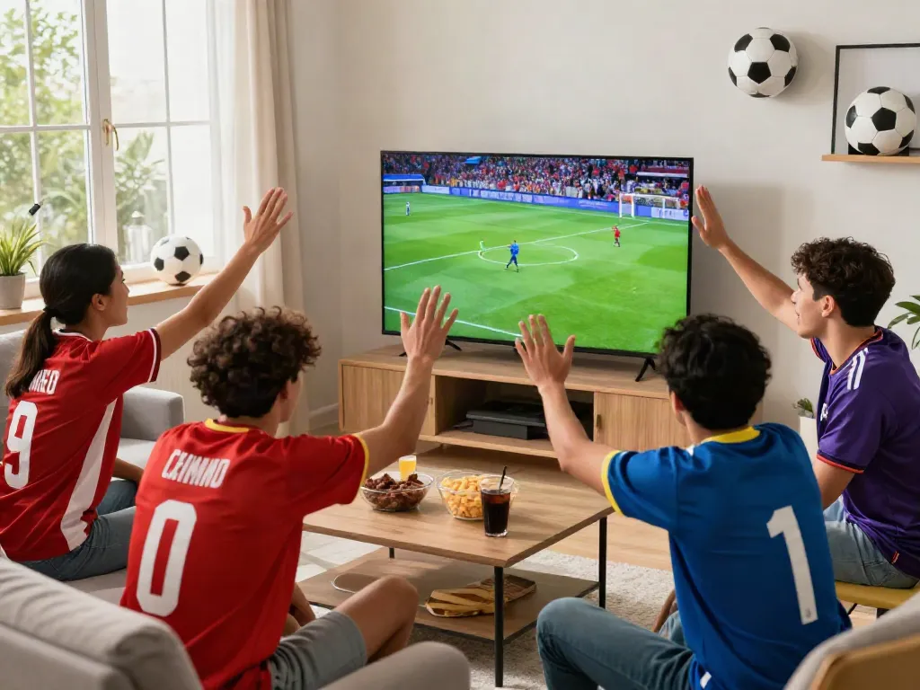 Friends enjoying a lively soccer match at home through GavangTV.