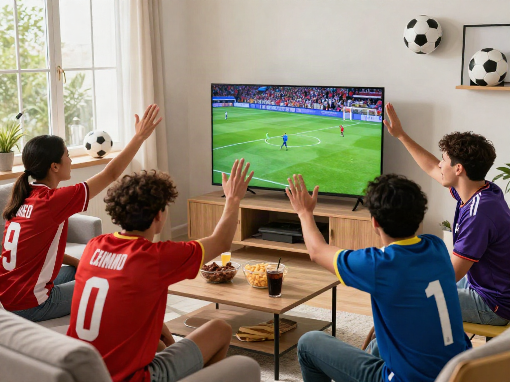 Friends enjoying a lively soccer match at home through GavangTV.