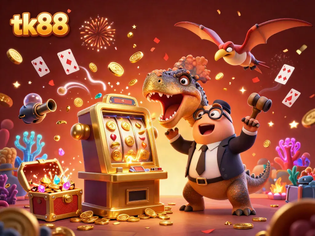 Experience the thrill of tk88 as a pachycephalosaurus hits the jackpot, showering coins in a vibrant casino.