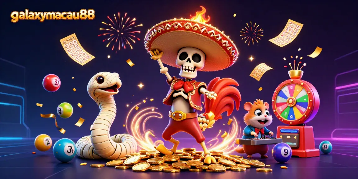 Join the celebration at galaxymacau88 with a vibrant 3D illustration of a rooster dancing on golden coins surrounded by lottery elements.