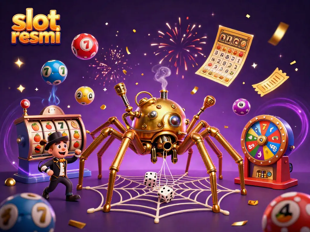 Engage with slot resmi through a vibrant scene capturing a steampunk spider, lucky 7s, and dynamic lottery elements.