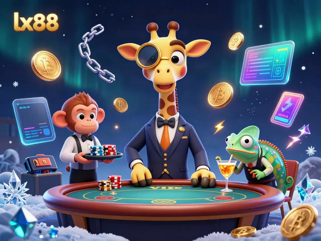 Experience the vibrant world of lx88 with a high-roller giraffe at the poker table amid neon crypto coins.