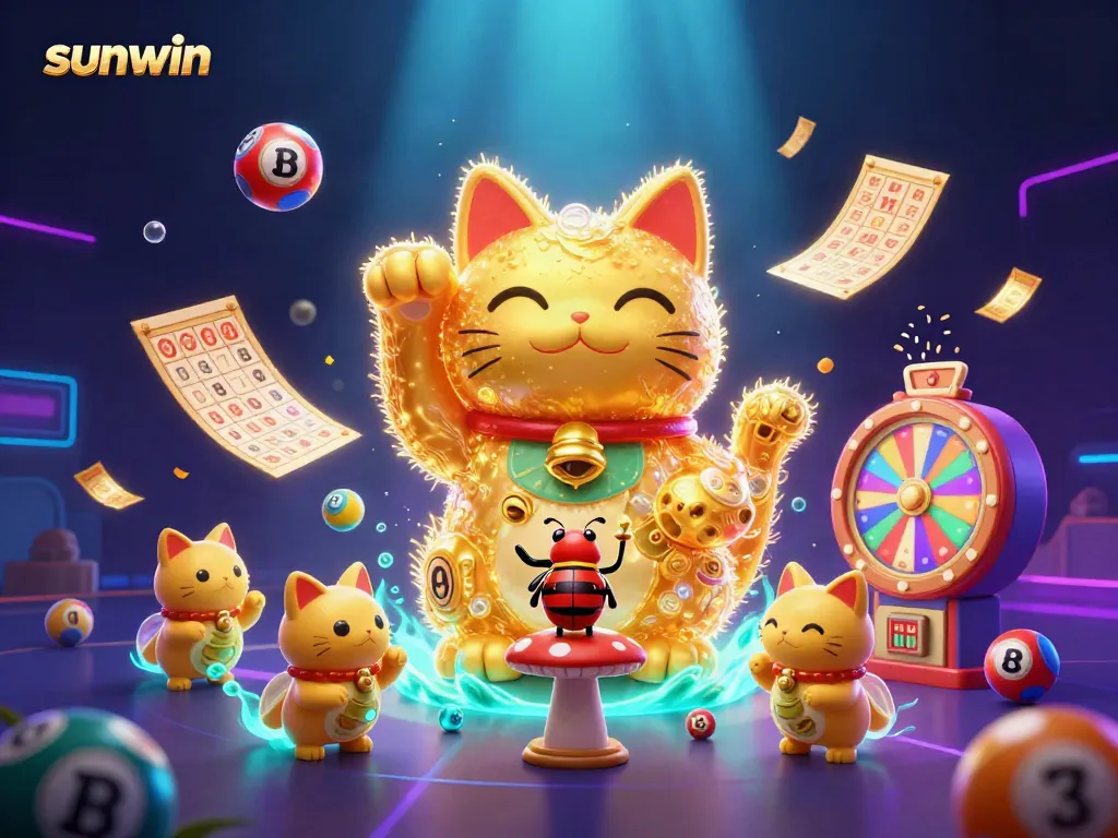 Engage in exhilarating gaming with Sunwin, featuring a vibrant dynamic scene of casino elements.