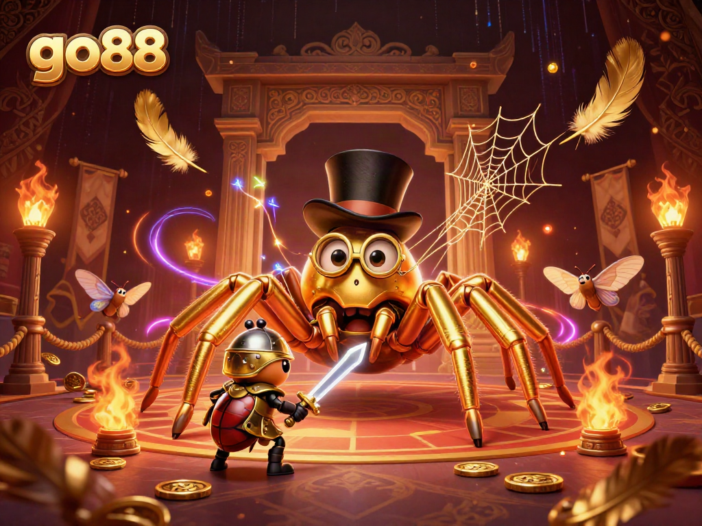 Engaging scene with the go88 tarantula weaving a golden web in a vibrant casino environment filled with lively characters.