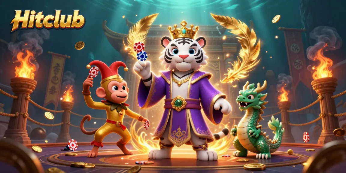 Experience the excitement of Hitclub with an elegant white tiger, a golden monkey juggling, and a jade dragon in a dynamic casino scene.