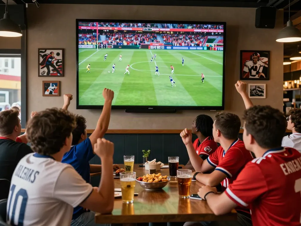 Xoilactv fans enjoying a live football match in a sports bar atmosphere.