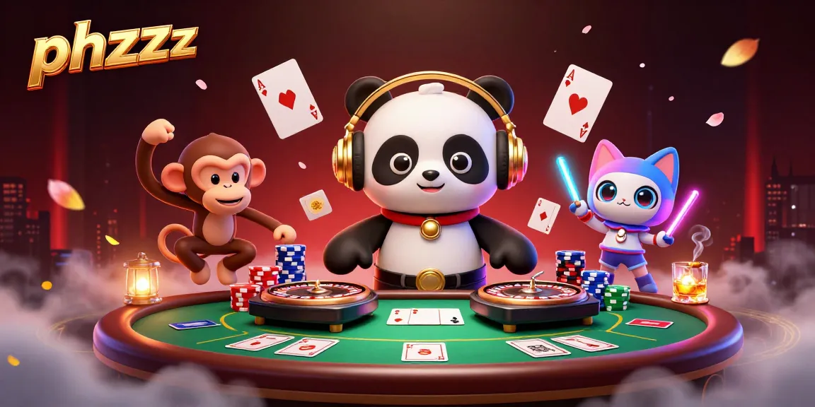 Spinning roulette wheels with phzzz brand and dynamic casino scene featuring playful characters.