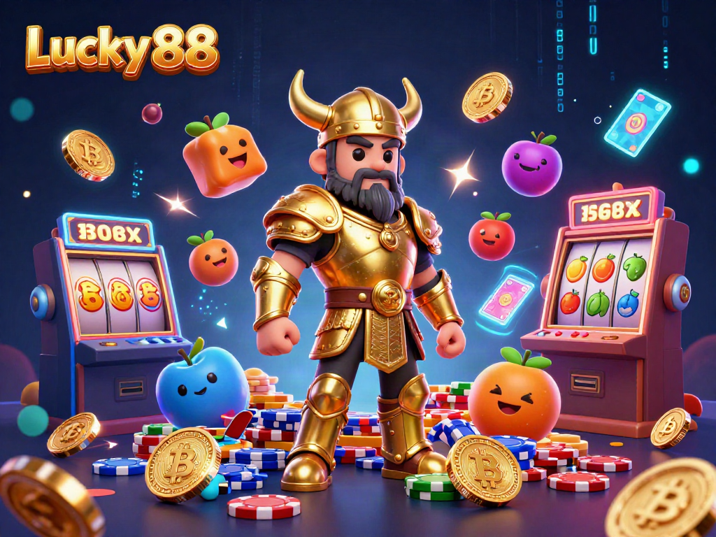 Engage with Lucky 88 vibes as a Viking warrior champions a vibrant casino scene filled with animated jackpots.