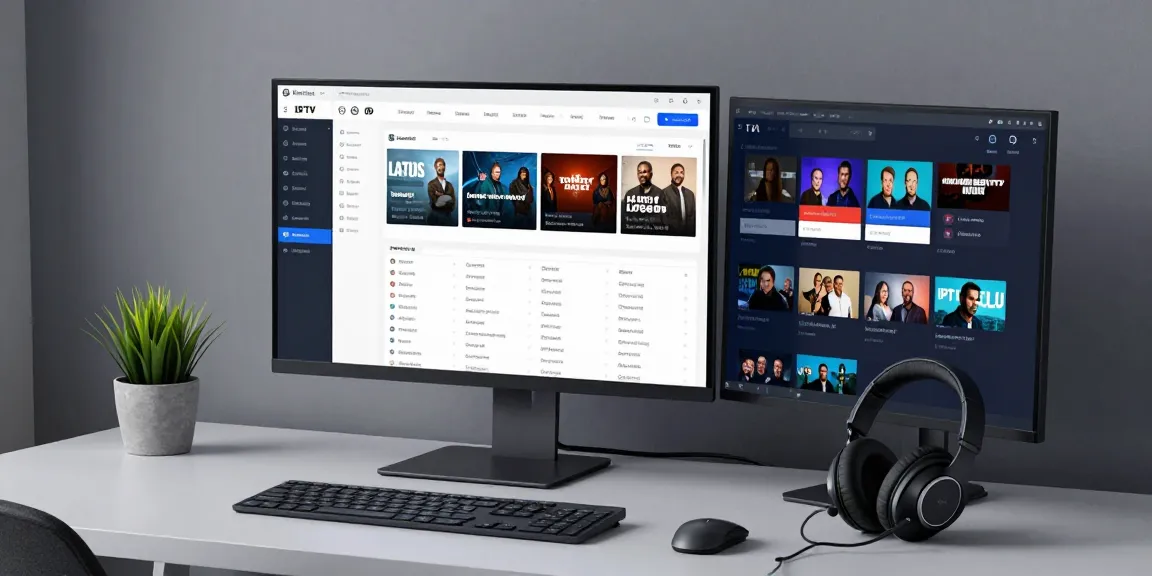 IPTV reseller dashboard displaying analytics and streaming channels on a modern tech workspace