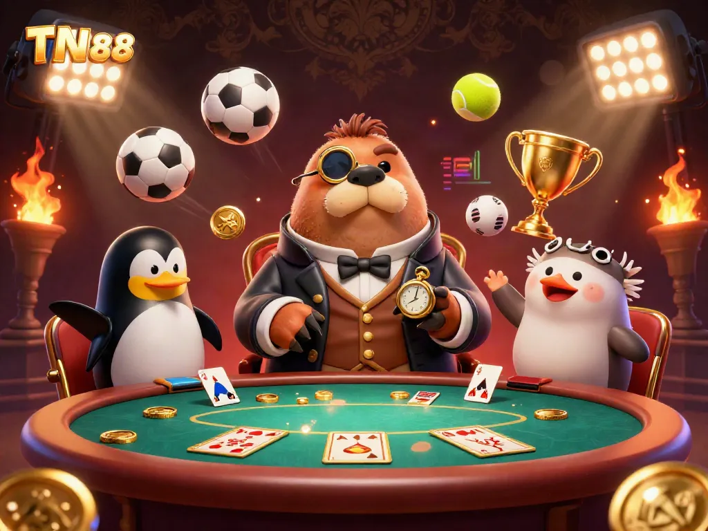 The TN88 casino experience showcases a jolly walrus dealing poker underwater, emphasizing fun and engagement in digital gambling.